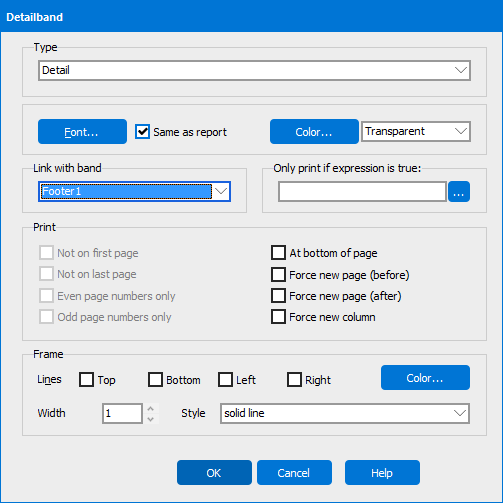 Edit Band dialog box where the Detail Band is linked to the Group Footer Band using the Link With Band option.